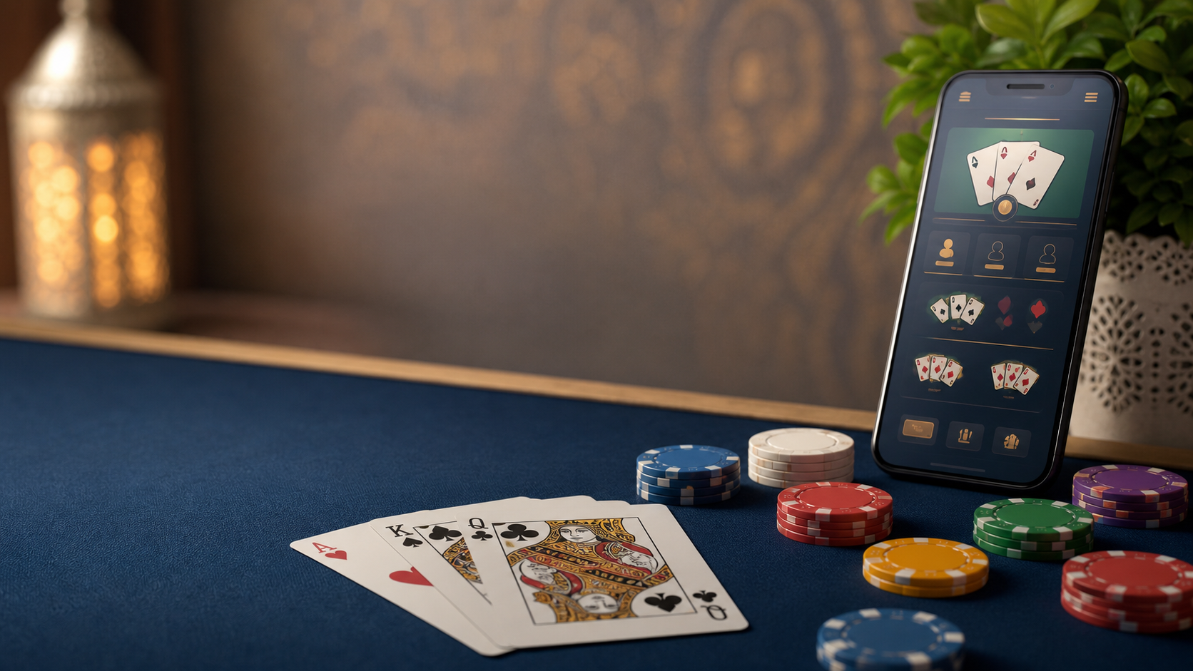 Teen Patti cards, generic chips and a mobile guide interface